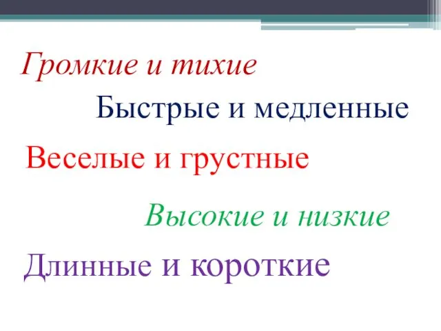 Громкие и тихие Быстрые и медленные Веселые и грустные Высокие и низкие Длинные и короткие