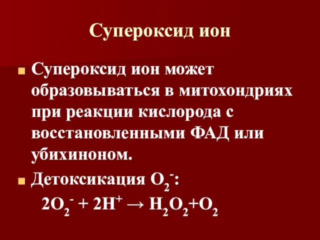 Супероксид ион Супероксид ион может образовываться в митохондриях при реакции