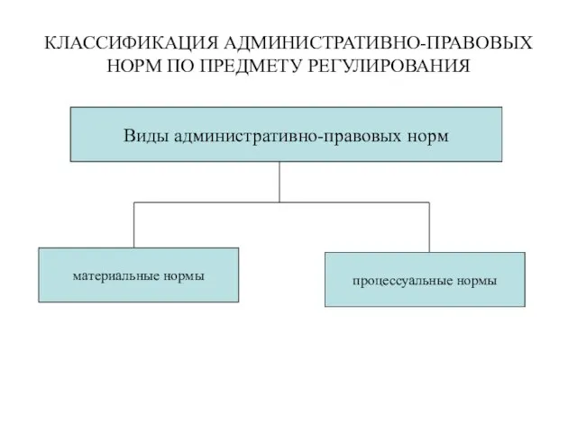 КЛАССИФИКАЦИЯ АДМИНИСТРАТИВНО-ПРАВОВЫХ НОРМ ПО ПРЕДМЕТУ РЕГУЛИРОВАНИЯ Виды административно-правовых норм материальные нормы процессуальные нормы