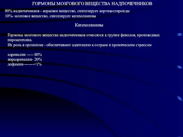 ГОРМОНЫ МОЗГОВОГО ВЕЩЕСТВА НАДПОЧЕЧНИКОВ 90% надпочечников - корковое вещество, синтезирует