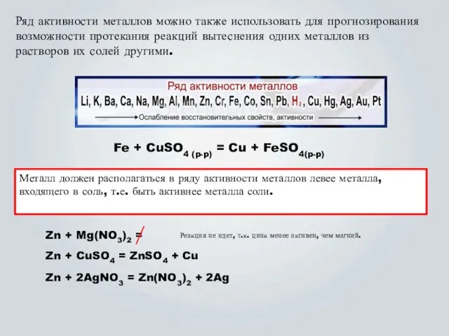 Ряд активности металлов можно также использовать для прогнозирования возможности протекания