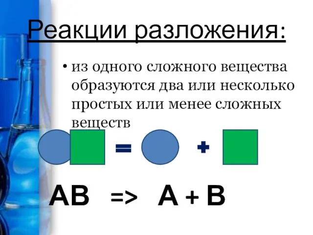 Реакции разложения: АВ => А + В из одного сложного