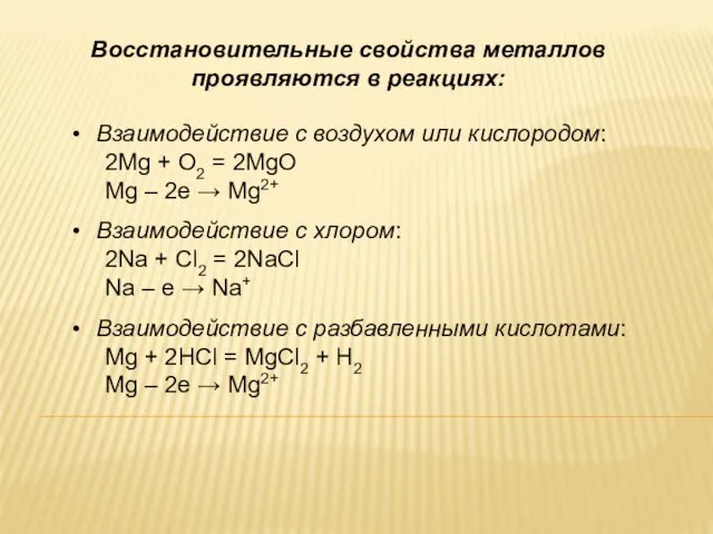 Восстановительные свойства металлов проявляются в реакциях: Взаимодействие с воздухом или кислородом: 2Mg +