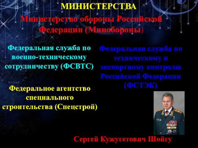 МИНИСТЕРСТВА Министерство обороны Российской Федерации (Минобороны) Федеральная служба по военно-техническому сотрудничеству (ФСВТС) Федеральная