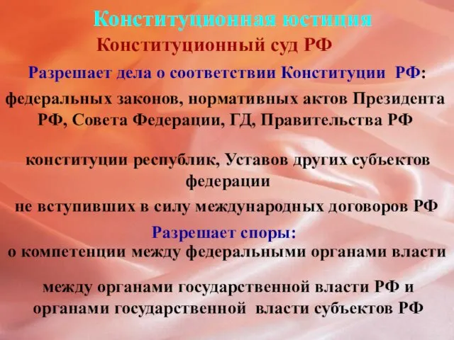 Конституционный суд РФ Разрешает дела о соответствии Конституции РФ: федеральных законов, нормативных актов