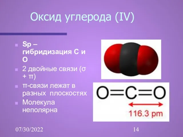 07/30/2022 Оксид углерода (IV) Sp – гибридизация С и О