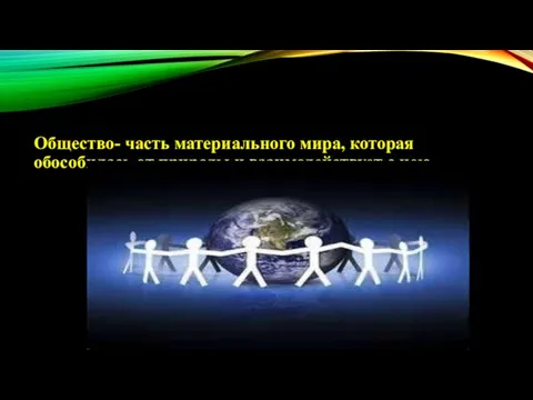 Общество- часть материального мира, которая обособилась от природы и взаимодействует с нею