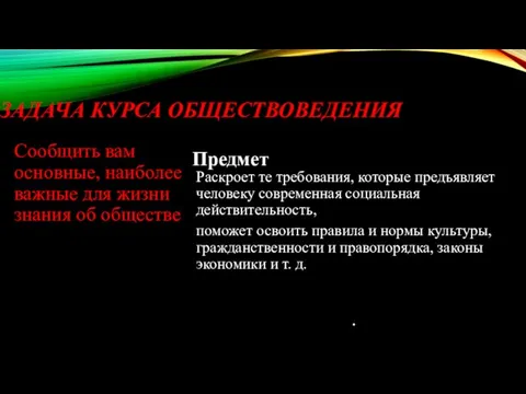 ЗАДАЧА КУРСА ОБЩЕСТВОВЕДЕНИЯ Сообщить вам основные, наиболее важные для жизни