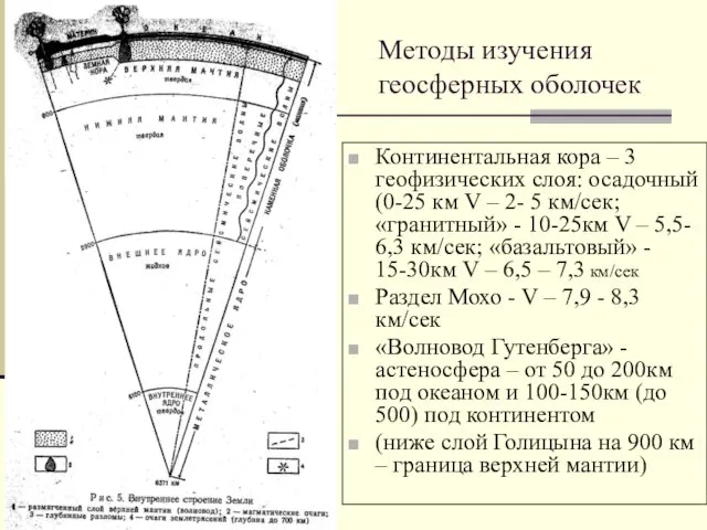 Методы изучения геосферных оболочек Континентальная кора – 3 геофизических слоя: