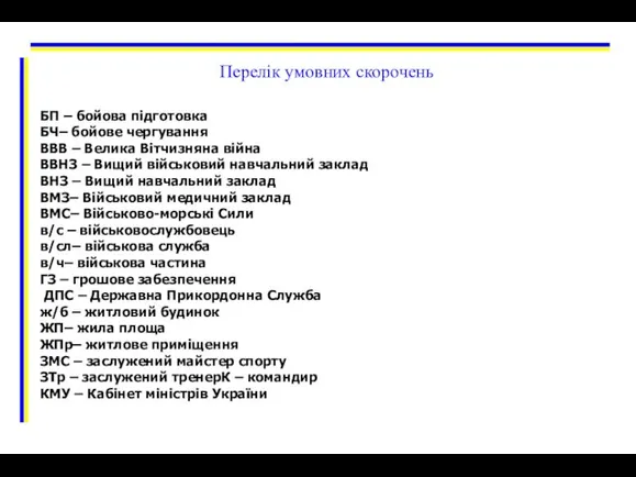 Перелік умовних скорочень БП – бойова підготовка БЧ– бойове чергування