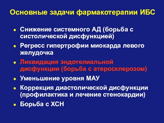 Основные задачи фармакотерапии ИБС Снижение системного АД (борьба с систолической