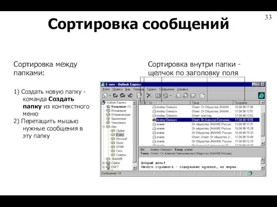 Сортировка сообщений Сортировка внутри папки - щелчок по заголовку поля