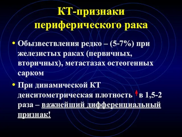 КТ-признаки периферического рака Обызвествления редко – (5-7%) при железистых раках