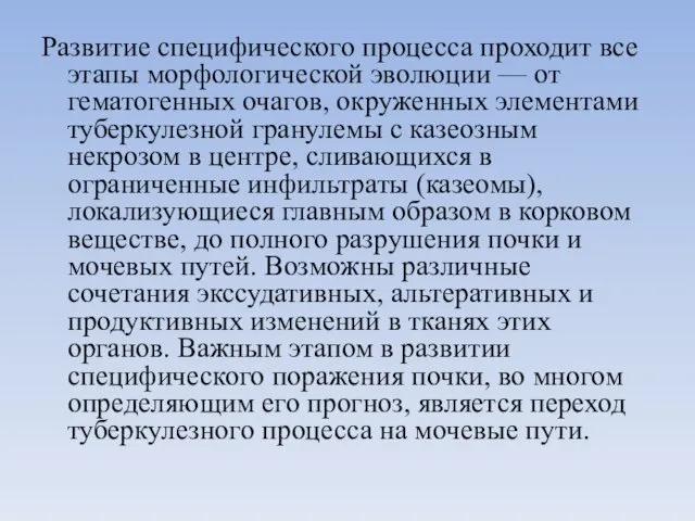 Развитие специфического процесса проходит все этапы морфологической эволюции — от