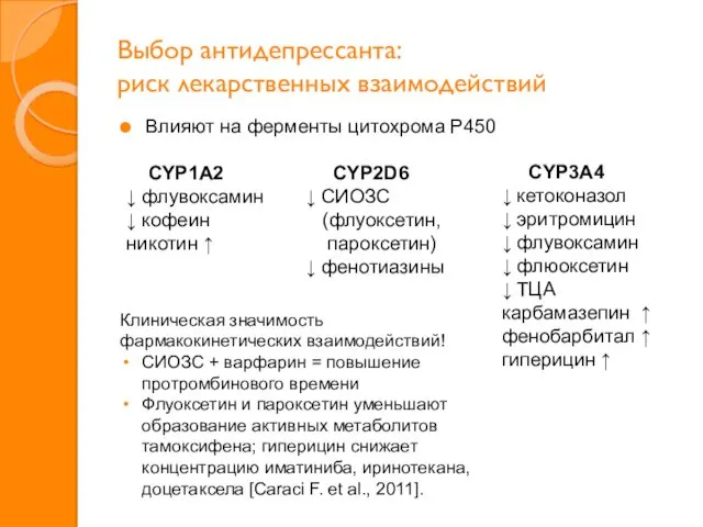 Выбор антидепрессанта: риск лекарственных взаимодействий Влияют на ферменты цитохрома Р450