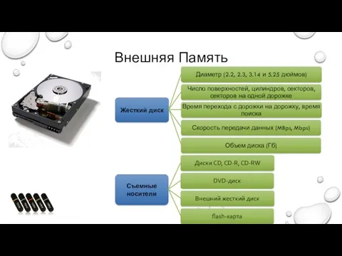 Внешняя Память Жесткий диск Диаметр (2.2, 2.3, 3.14 и 5.25 дюймов) Число поверхностей,