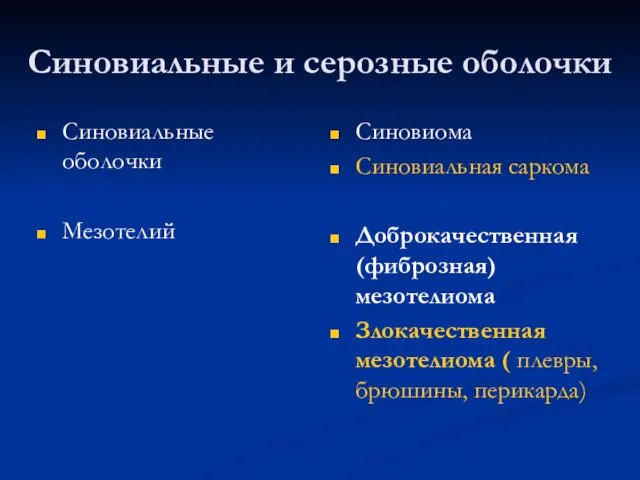 Синовиальные и серозные оболочки Синовиальные оболочки Мезотелий Синовиома Синовиальная саркома