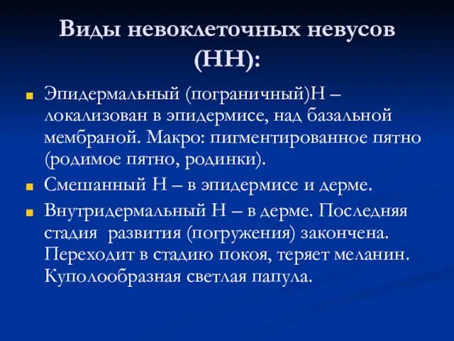 Виды невоклеточных невусов (НН): Эпидермальный (пограничный)Н – локализован в эпидермисе,