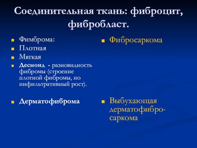 Соединительная ткань: фиброцит, фибробласт. Фимброма: Плотная Мягкая Десмоид - разновидность