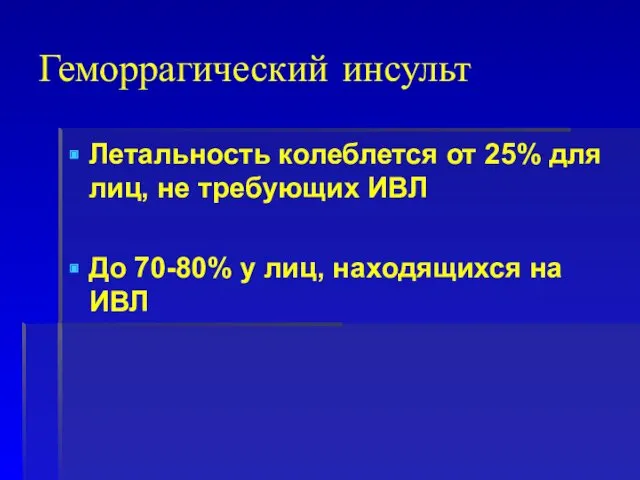 Геморрагический инсульт Летальность колеблется от 25% для лиц, не требующих