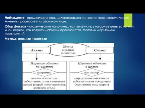 Наблюдение - преднамеренное, целенаправленное восприятие экономических явлений, процессов в их