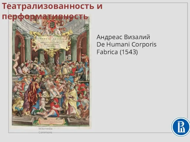 Андреас Визалий De Humani Corporis Fabrica (1543) Театрализованность и перформативность Wikimedia Commons