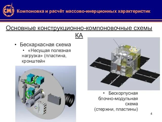 Компоновка и расчёт массово-инерционных характеристик Основные конструкционно-компоновочные схемы КА Бескаркасная