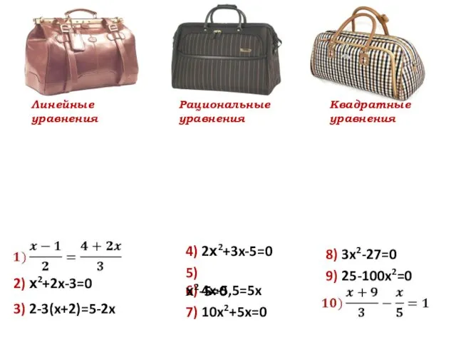 Рациональные уравнения Квадратные уравнения 3) 2-3(x+2)=5-2x 6) 4x-5,5=5x 4) 2х2+3x-5=0