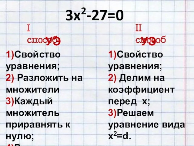 3x2-27=0 I способ УЭ 1)Свойство уравнения; 2) Разложить на множители