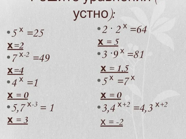 Решите уравнения ( устно): 5 х =25 х=2 7 х-2