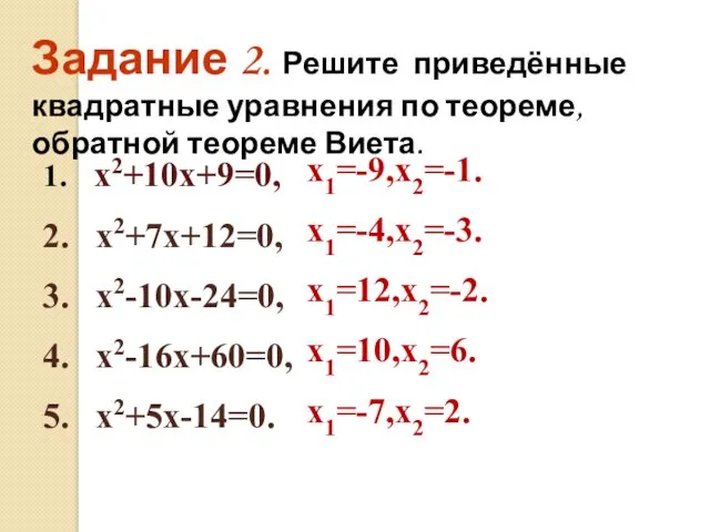 Задание 2. Решите приведённые квадратные уравнения по теореме, обратной теореме