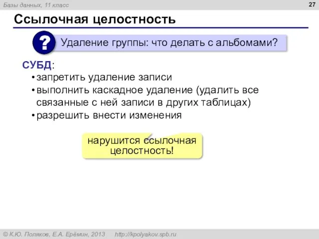 Ссылочная целостность запретить удаление записи выполнить каскадное удаление (удалить все