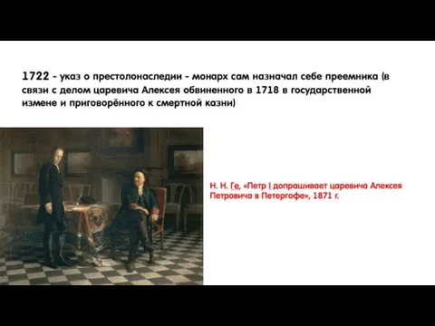 Н. Н. Ге, «Петр I допрашивает царевича Алексея Петровича в Петергофе», 1871 г.