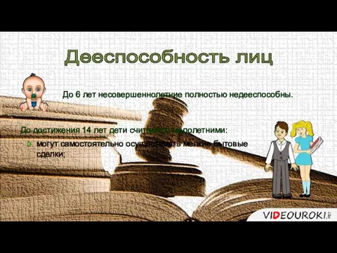 Дееспособность лиц До 6 лет несовершеннолетние полностью недееспособны. До достижения