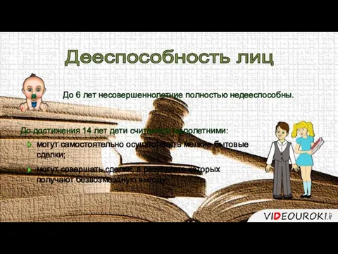 Дееспособность лиц До 6 лет несовершеннолетние полностью недееспособны. До достижения