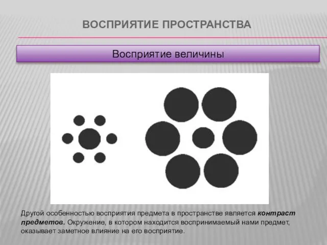 ВОСПРИЯТИЕ ПРОСТРАНСТВА Восприятие величины Другой особенностью восприятия предмета в пространстве