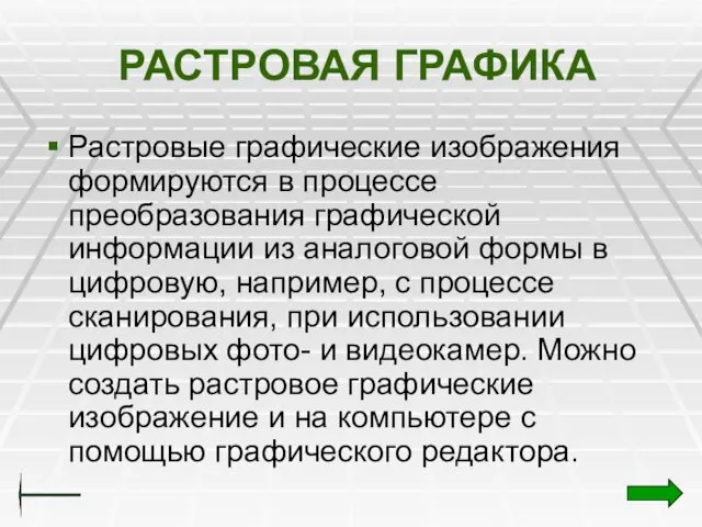 РАСТРОВАЯ ГРАФИКА Растровые графические изображения формируются в процессе преобразования графической