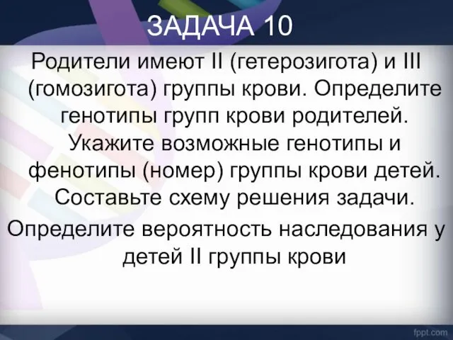 ЗАДАЧА 10 Родители имеют II (гетерозигота) и III (гомозигота) группы