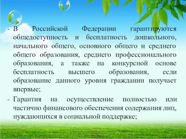 В Российской Федерации гарантируются общедоступность и бесплатность дошкольного, начального общего, основного общего и
