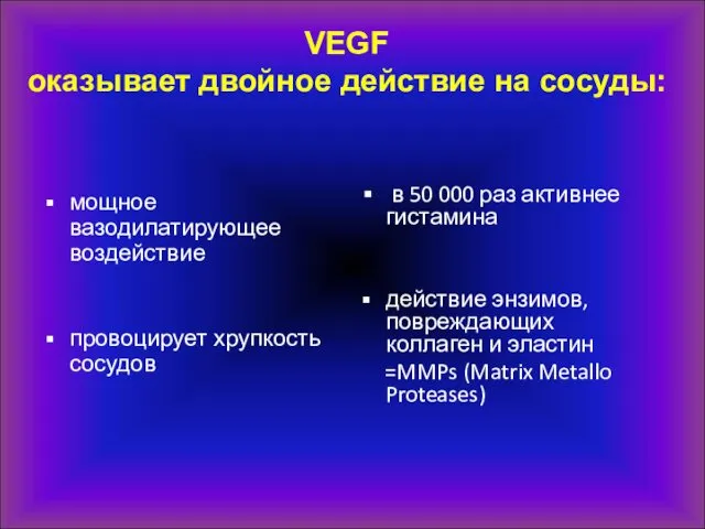 VEGF оказывает двойное действие на сосуды: мощное вазодилатирующее воздействие провоцирует