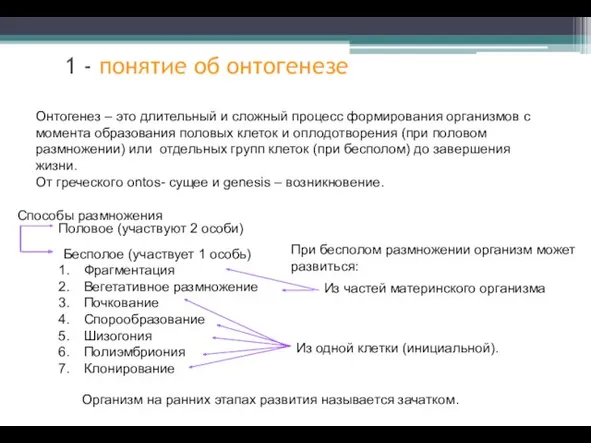 Онтогенез – это длительный и сложный процесс формирования организмов с момента образования половых