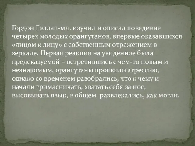 Гордон Гэллап-мл. изучил и описал поведение четырех молодых орангутанов, впервые