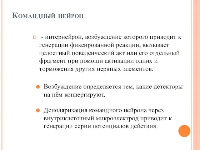 Командный нейрон - интернейрон, возбуждение которого приводит к генерации фиксированной