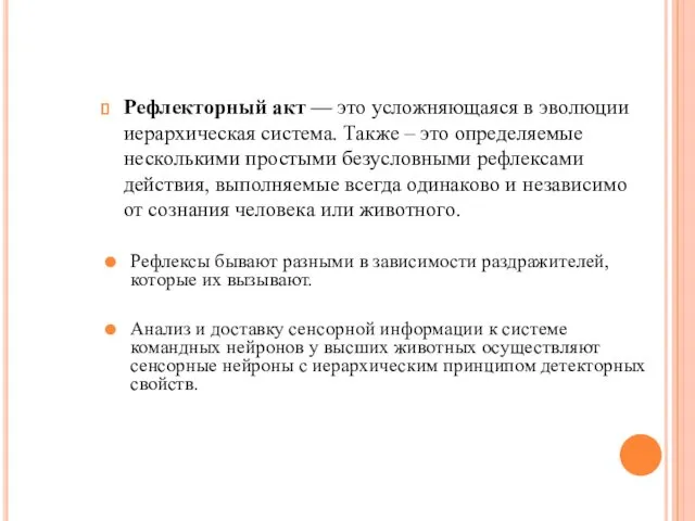 Рефлекторный акт — это усложняющаяся в эволюции иерархическая система. Также