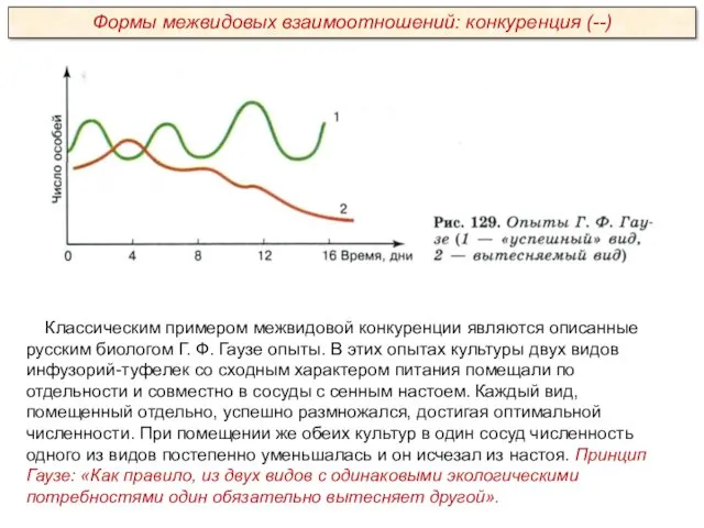 Классическим примером межвидовой конкуренции являются описанные русским биологом Г. Ф.