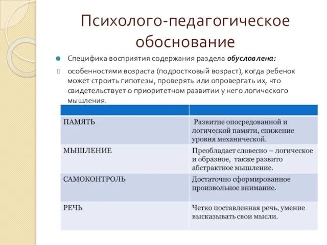 Психолого-педагогическое обоснование Специфика восприятия содержания раздела обусловлена: особенностями возраста (подростковый