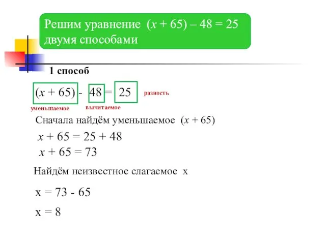Решим уравнение (х + 65) – 48 = 25 двумя способами 1 способ