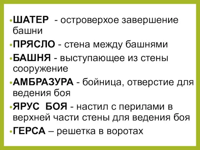 ШАТЕР - островерхое завершение башни ПРЯСЛО - стена между башнями