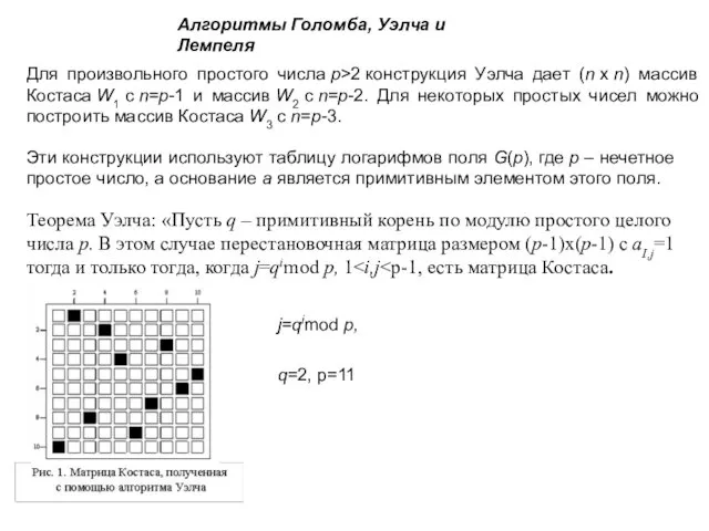 Алгоритмы Голомба, Уэлча и Лемпеля Для произвольного простого числа p>2