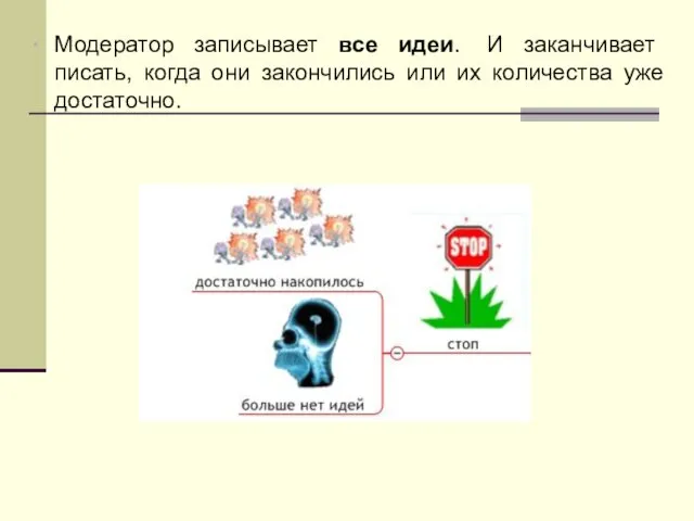 Модератор записывает все идеи. И заканчивает писать, когда они закончились или их количества уже достаточно.